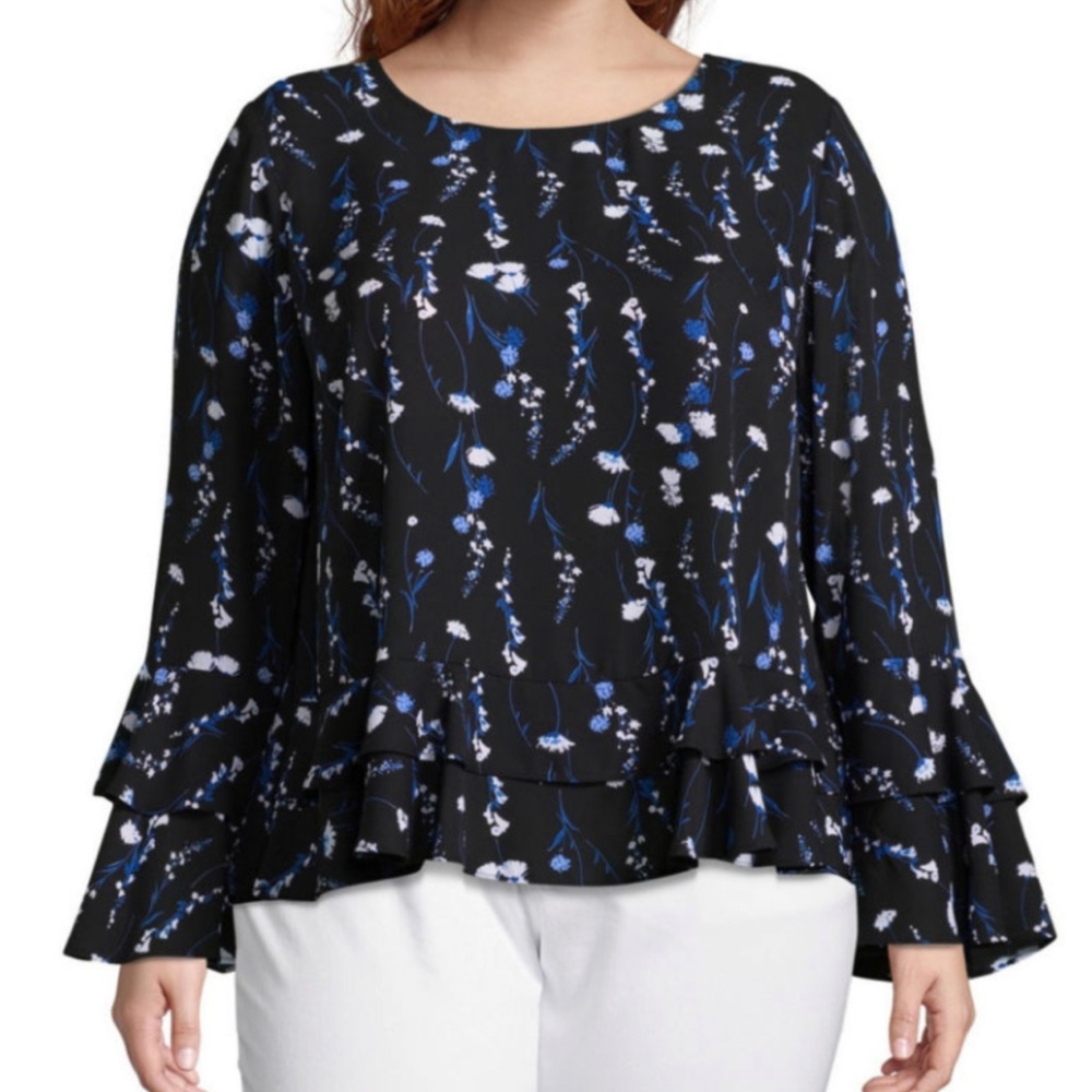 Worthington Black and Blue Bell Sleeve Ruffled Blouse